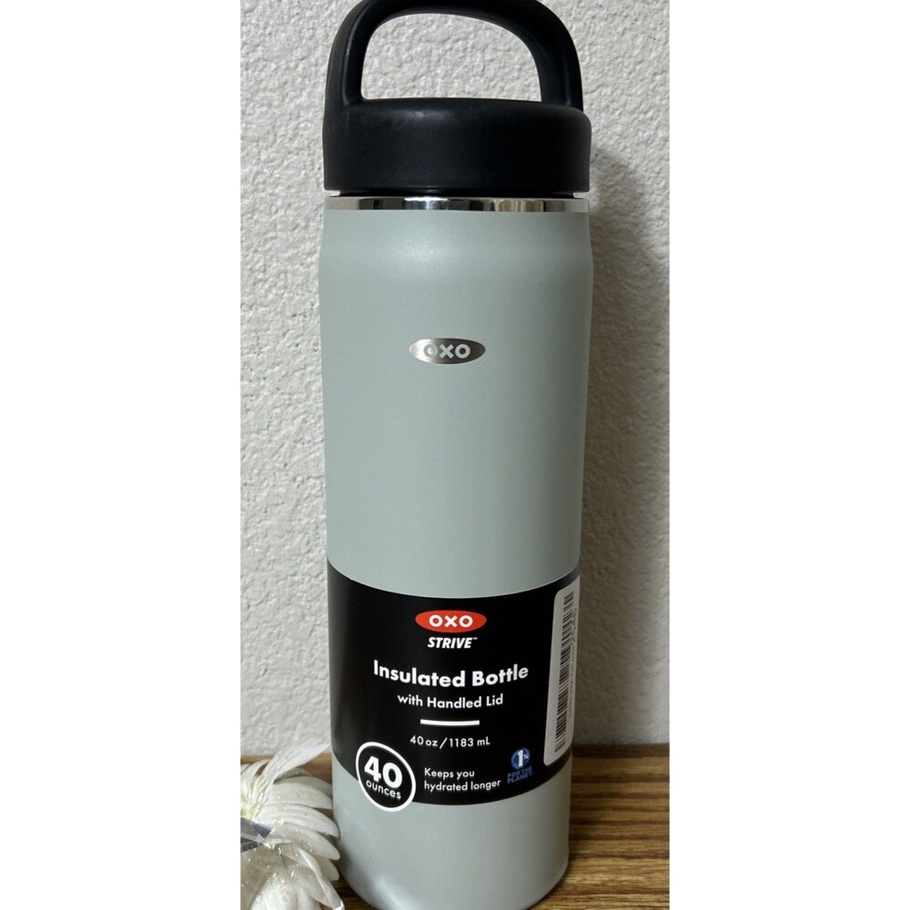OXO Strive 40oz Insulated Water Bottle Grey Handled Lid (Small Dent See Pics)